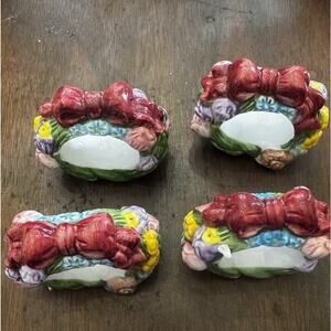 Vintage Floral Wreath Napkin Rings Set of 4 Ceramic Bow Cottagecore Spring Tea